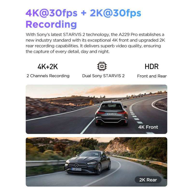 VIOFO A229 Pro 2CH 4K+2K HDR Dash Cam with Sony STARVIS 2 Sensors