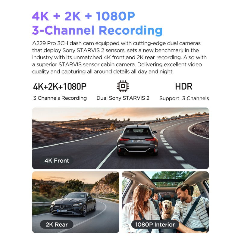 VIOFO A229 Pro 3CH 4K+2K+1080P HDR Dash Cam with Sony STARVIS 2 Sensors