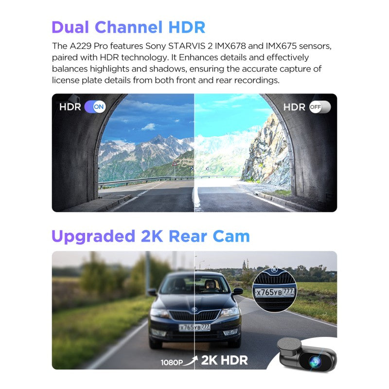 VIOFO A229 Pro 2CH 4K+2K HDR Dash Cam with Sony STARVIS 2 Sensors